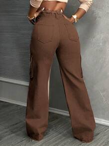 Slaydiva Quần jeans ống đứng cạp vừa, đơn sắc, túi cài nút phía trước, viền thô, thường ngày cho nữ - màu nâu - Xem 2