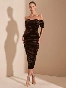 SHEIN BAE Black Off-Shoulder Ruffle-Trim Bodycon Midi Dress, Suitable For Cocktail Parties, Romantic Dates, Autumn/Winter Underlayer, Gatherings, Weddings, Halloween, Christmas