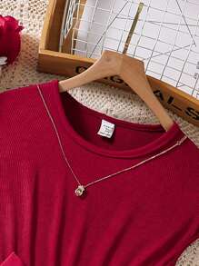 SHEIN Teen Girl Fashionable Elegant Solid Color Pleated Round Neck Dress Casual Versatile With Belt - Burgundy - View 5