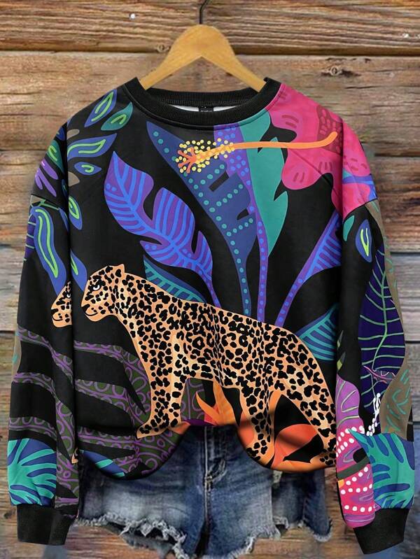 INAWLY Sudadera con estampado de leopardo y flores en todo el diseño para mujer de talla grande, otoño