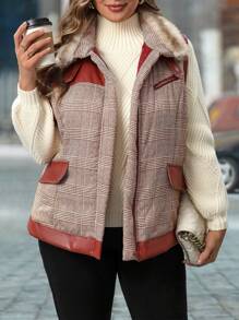SHEIN LUNE Chaqueta sin mangas elegante de Navidad para uso diario en otoño/invierno para mujer de talla grande, con cuello esponjoso y cremallera de color contrastante