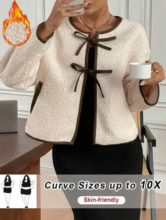 SHEIN CURVE+ 大码女式系带撞色蝴蝶结夹克，秋冬季保暖长袖，法兰绒夹克，羊毛夹克