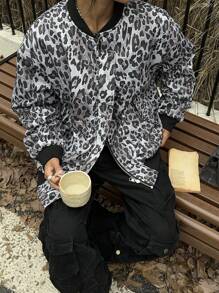 Muchica Dwustronny, dwustronny, ocieplany płaszcz baseballowy z nadrukiem w panterkę i jednolitym kolorem dla kobiet, jesień/zima - Czarne - Zobacz 3