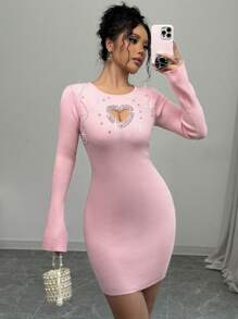 Selianne New Arrival Fitted Sexy Millenial Heart Hollowed-Out Sweater Dress For Women, Autumn/Winter Fall Cloth For Women - Pink - View 4