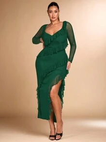 SHEIN BAE Plus Size Women Solid Color Sweetheart Collar Ruffle Hem Mesh Splice Long Sleeve Side Slit Hem Fitted Elegant Dress - Dark Green - View 6