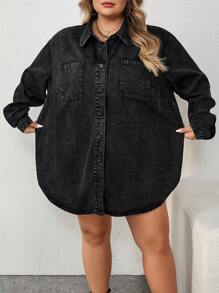 SHEIN CURVE+ Plus Size Women Black Lapel Long Sleeve Curved Hem Denim Jacket, Fall Women Clothes - Black - View 7