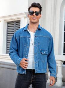 Manfinity Homme Plus Size Men's Solid Color Front Button Pocket Casual Long Sleeve Denim Jacket - Dark Wash - View 5