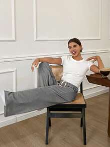 DAZY Simple Cut-Off Fitted Top And Loose Straight Leg Pants Pajama Set - Grey - View 4