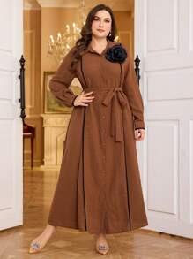 Modelyn 女士休闲收腰拼色花卉印花中长衬衫裙，秋冬季超长女士装长款晚礼服