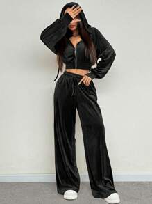 SHEIN EZwear 女士 2 件套纯色休闲短款连帽衫和裤子套装，秋季 - 黑色 - 查看 3