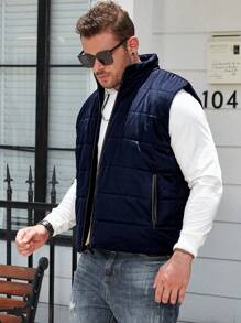 Manfinity Homme Plus Size Men's Solid Color Zip Front Casual Vest Padded Coat, Winter
