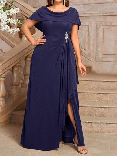 SHEIN Belle Plus Size Women's Elegant Deep Persimmon Color Stretch Sheer Metallic Fabric Dress With Drape Neck, Dolman Sleeves, Ruched Waist And Asymmetrical Ruffle Trim With High Slit Up To Thigh, Decorated Buttons, Suitable For Wedding, Mother's Day, Back To School, Music Festival, Formal Bridesmaid Occasion