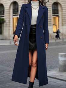 SHEIN Clasi Long Overcoat With Pointed Lapel & Double-Breasted Closure - Navy Blue - View 5