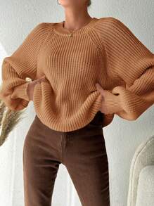 EURMUSE Plus Size Fall Solid Color Crew Neck Long Sleeve Simple Knit Sweater, Casual For Everyday Wear, For Winter - Camel - View 1