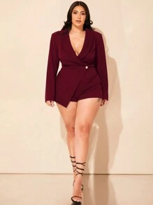 SHEIN BAE Plus Size Fall Button Detail Wrap Romper Elegant Sexy Jumpsuit - Burgundy - View 3