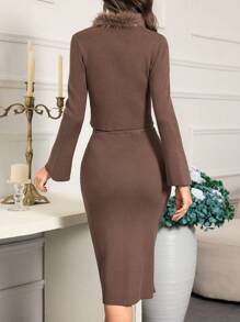 Mulvari Women Solid Color Fluffy Splice Long Sleeve Top And Mini Skirt Elegant 2 Pieces Set 2 Pieces Set