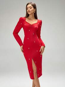 Chiquease 优雅 V 领长袖连衣裙，适合新年服装，长款女装 - 紅色 - 查看 4