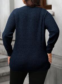 EMERY ROSE Plus Size Solid Color Crew Neck Casual Versatile Long Sleeve Sweater Knit Pullover Fall Winter - Navy Blue - View 2