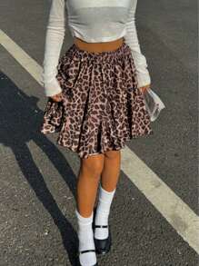 Siren Gaze Women's Leopard Print Ruffle Hem Mini Skirt, High Waist Pleated Skirt, Sexy Ballet Style Skirt, Party Skirt, Street Fashion, Autumn/Winter Skirt, Leopard Skirt, Mini Skirt, Back To School Skirt, Autumn Clothing, Mini Skirt, Concert Cheetah Casual
