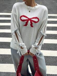 SHEIN Essnce Holiday Sweater Ugly Christmas Sweater Women Sweater Bow Sweater   Christmas Sweater Dress Ankara Red Bow Wool Women's Sleeve Bow Web Contrast Color Hollow Drop Shoulder Long Sleeve Loose Sweater, Autumn And Winter - White - View 5