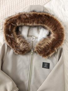 Young Boys Casual Comfy Hooded Fluffy Design Long Padded Parka Jacket With English Letter Badge, Suitable For Commuting, School, Home, Leisure, Street, Party And Outdoor Play - Army Green - View 6