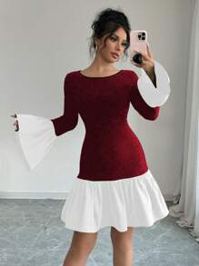 Elenzga Women's Solid Color Patchwork Round Neck Long Sleeve Casual Short Dress Fall Cloth For Women - Red and White - View 4