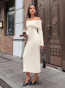 SHEIN Unity Novo Vestido de Tricô Ajustado com Laço nas Costas, Ombros à Mostra, Sexy para Mulheres, Outono/Inverno - Damasco - Visão 7