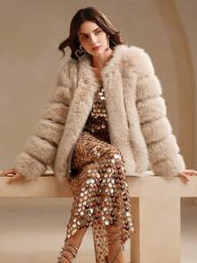 Anewsta New Autumn/Winter Elegant Lady-Like Faux Fox Fur Coat, Fashionable Outerwear - Apricot - View 1