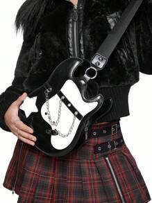 ROMWE Grunge Punk 女士复古朋克风格吉他图案撞色星星装饰休闲单肩包带链条 - 黑色 - 查看 7
