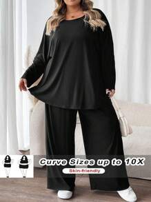 SHEIN CURVE+ Curve Plus Size Women 2Pcs Outfit: Batwing Sleeve Solid Color T-Shirt And Pants, Comfortable Casual  For Autumn/Winter