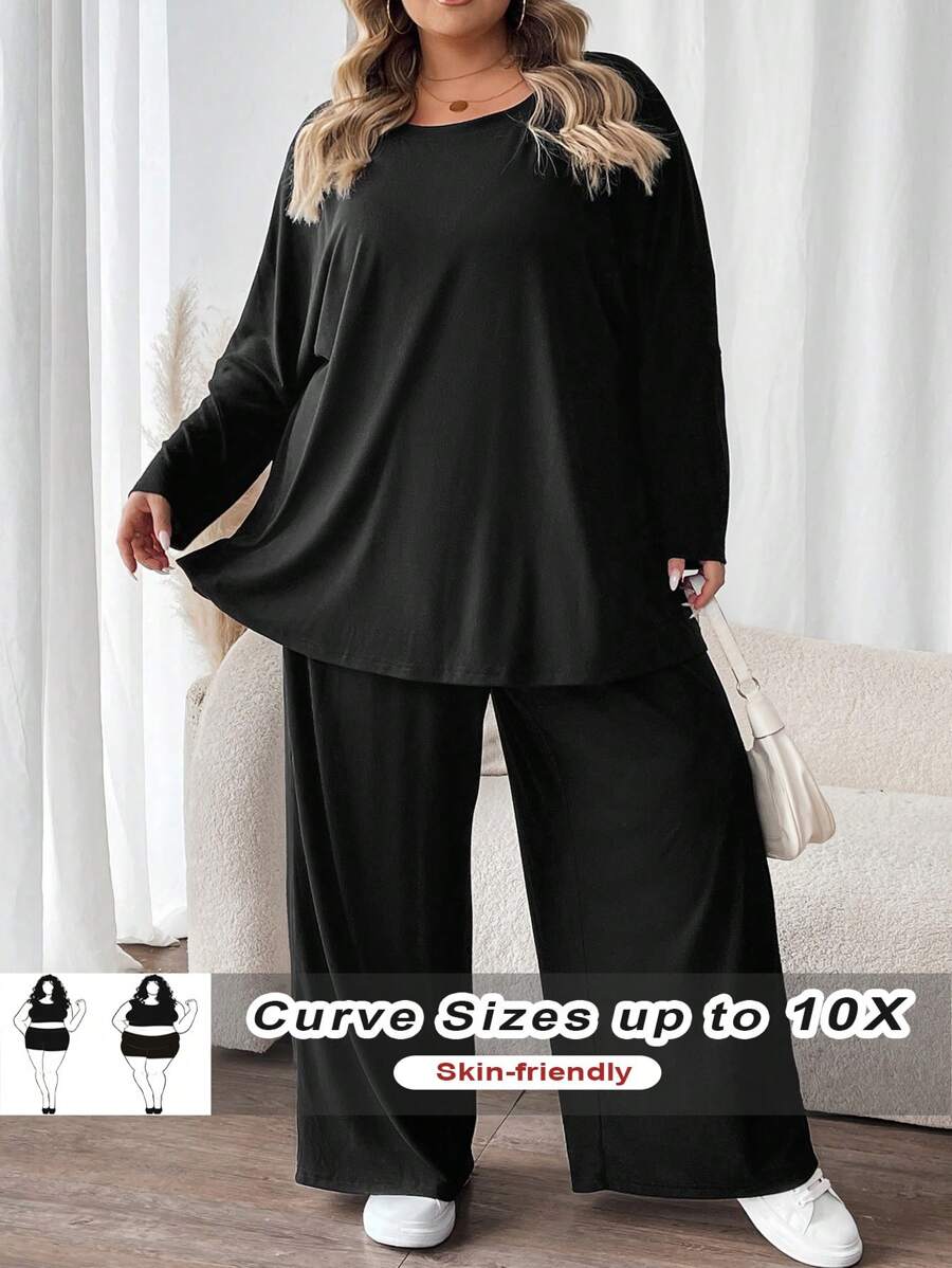 SHEIN CURVE+ Curve Plus Size Women 2Pcs Outfit: Batwing Sleeve Solid Color T-Shirt And Pants, Comfortable Casual  For Autumn/Winter