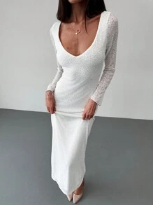 Aloruh Long Sleeve V-Neck Bodycon White Dress, Suitable For Dating, Holiday, Commuting - White - View 5