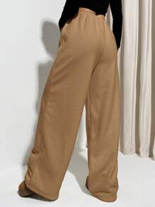 Muchica Women's Solid Color Waist Tie Straight Wide-Leg Plush Sweatpants For Autumn/Winter - Khaki - View 2
