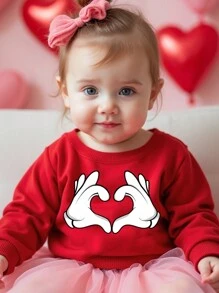 Baby Girl Casual Heart Gesture Print Fleece Crew Neck Pullover Sweatshirt, Autumn/Winter (Matching Daddy And Me, 4 Pieces Sold Separately) - Red - View 3