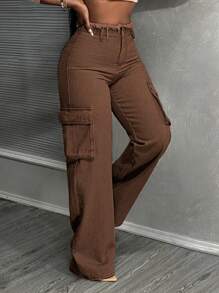 Slaydiva Quần jeans ống đứng cạp vừa, đơn sắc, túi cài nút phía trước, viền thô, thường ngày cho nữ - màu nâu - Xem 4