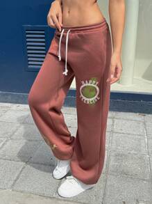INAWLY Women's Casual Letter Print Drawstring Waist Sweatpants Fall Cloth For Women - Coffee Brown - View 6