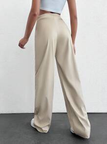 SHEIN Tall 高腰純色PU皮革喇叭褲，休閒百搭，適合高個女性 - 奶油色 - 查看 2