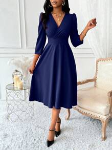 Lyxana V-Neck Waist Cinched 3/4 Sleeve Flared Women Dress Maxi Women Outfit
