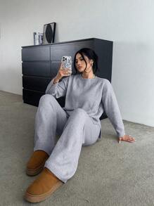 Flirla Plus Size Soft, Slimming & Versatile Casual Wide-Leg Pants And Long Sleeve Knit Set, For Winter - Grey - View 1