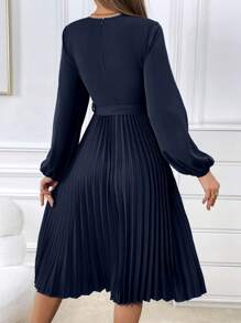 SHEIN Privé 女士纯色圆领灯笼袖褶边优雅中长连衣裙，秋季 - 藏蓝色 - 查看 2