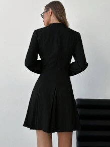 Aloruh 新品纯灰色喇叭袖口领迷你褶皱连衣裙，学院风，长袖，秋冬 - 黑色 - 查看 2