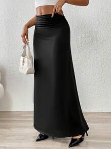 SHEIN Clasi Casual Elegant Romantic Style Everyday Versatile Elastic Waist Ribbing Hem Long Bodycon Stretch Knit Skirt For Women, Autumn/Winter Maxi Women Outfit