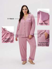 LUVLETTE Autumn And Winter Plus Size Classic Lapel Long Sleeve Trousers Pink Pajamas Suit Luxury Cotton & Imitation Silk Stitching Women's Lounge Sets Pink Lounge Sets Bridal Intimates Fall Pajamas
