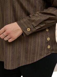 EMERY ROSE Plus Size Women Printed Textured Semi-Open Collar Long Sleeve Shirt, Autumn