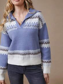 WESTFADE Fair Isle Pattern Polo Collar Long Sleeve Sweater - Multicolor - View 1