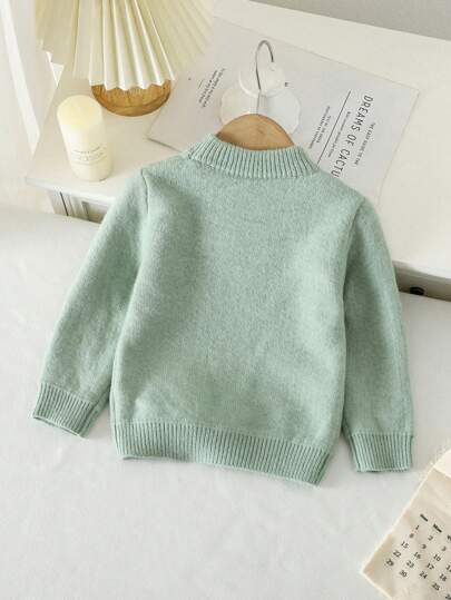 SHEIN Vintaside Kids Baby Boy Knit Sweater,Fashionable Crew Neck Thermal Lined Pullover,Soft Modest Warm Base Layer For Autumn Back-To-School,Gentleman Style,Sage Green