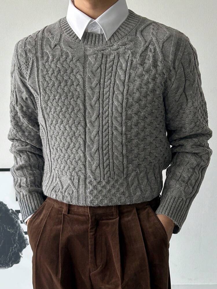 Men Solid Color Crew Neck Long Sleeve Loose Casual Knitted Sweater, Autumn/Winter