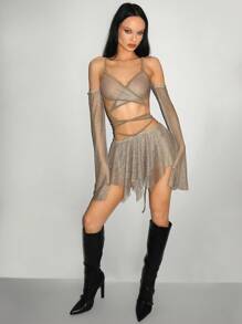 SHEIN ICON 2 件套网眼透明系带不对称下摆套装