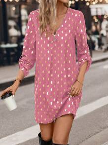 SHEIN Clasi Women Front Zip Long Sleeve All-Over Print Casual Mini Dress