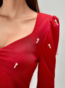 Chiquease 优雅 V 领长袖连衣裙，适合新年服装，长款女装 - 紅色 - 查看 7